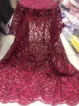 

African Lace With Sequins Embroidery Textile Lace Fabric High Quality beaded French Lace Fabrics For Wedding Party Wine red pink