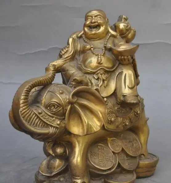 

S2355 china buddhism bronze wealth Elephant coin gold bag happy laugh Maitreya Buddha