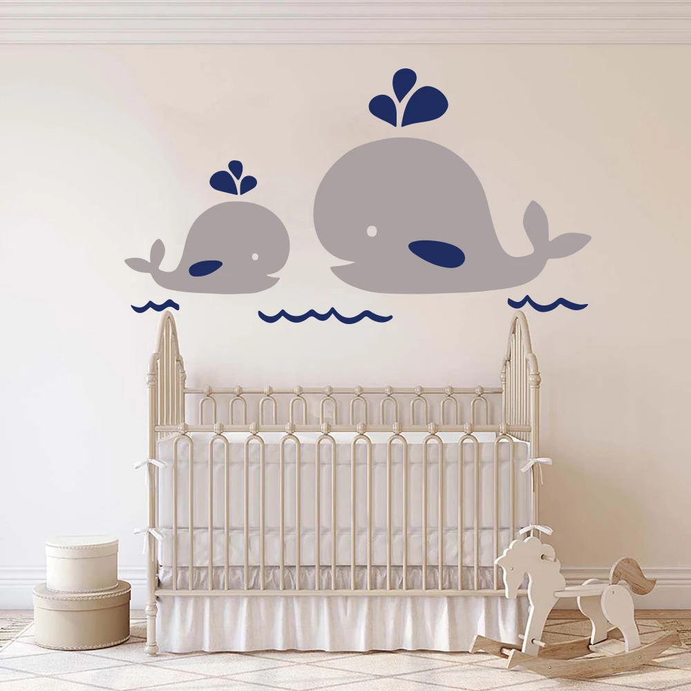 Cartoon Nautical Mom Baby Whale Wall Decal Nursery Kids Room Large Whale Fish Marine Sea Family  Wall Sticker Bedroom Vinyl Art (2)