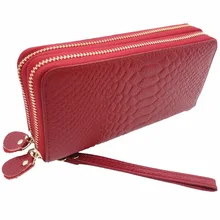 Hot Sell New Thick Purse Fashion Women Double Zipper Wallet Wristlet Bag With Serpentine Genuine Cow leather