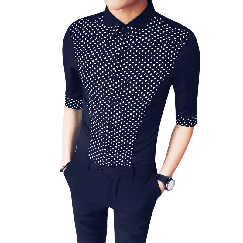 

LOLDEAL Summer Bust Polka Dot Decoration Dress Shirt Half Sleeve Shirt Korean Fashion Shirt Slim Fit Casual White Black Shirt