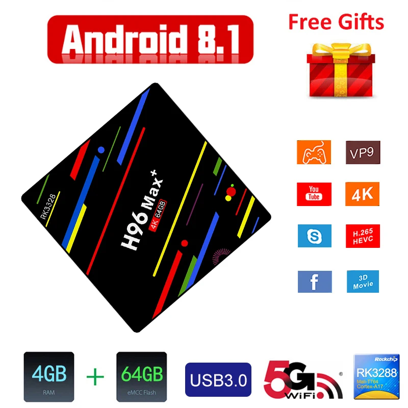 

H96 Smart TV Box Android 9.0 4GB RAM 64GB ROM RK3328 Quad Core Set Top Box 2.4G/5G Wifi HDMI H.265 USB 3.0 Video 4K Media Player