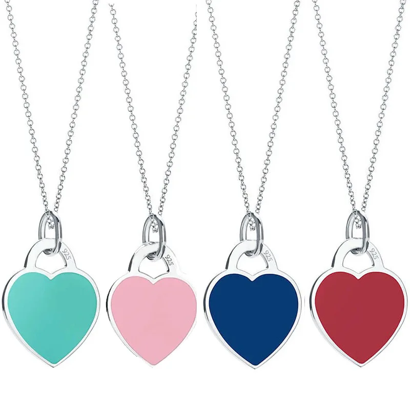 

2018 New 925 Sterling Silver Heart Necklace&Pendant Green&Blue&Pink&Red Brand Tiff Design Chain Necklace Charm Women Gift Jewelr