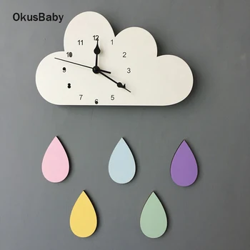 

Cartoon Wood Wall Clock Watch reloj de pared Cloud and raindrop design large Home Decorative Clocks Europe Bedroom Living Room