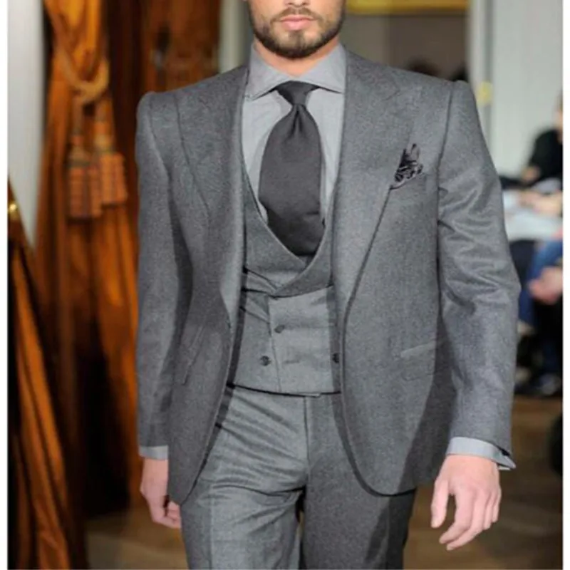 Derni-res-Manteau-Pantalon-Designs-Gris-Tweed-Hommes-Costume-Double-Boutonnage-Slim-Fit-3-Pi-ce_