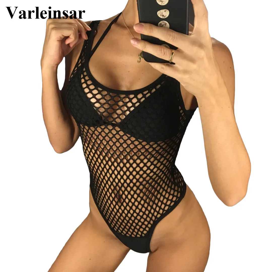 

2019 Black White Fish Net Mesh Sexy Women Swimwear One Piece Swimsuit Female Bather Bathing Suit Swim Lady Monokini V637