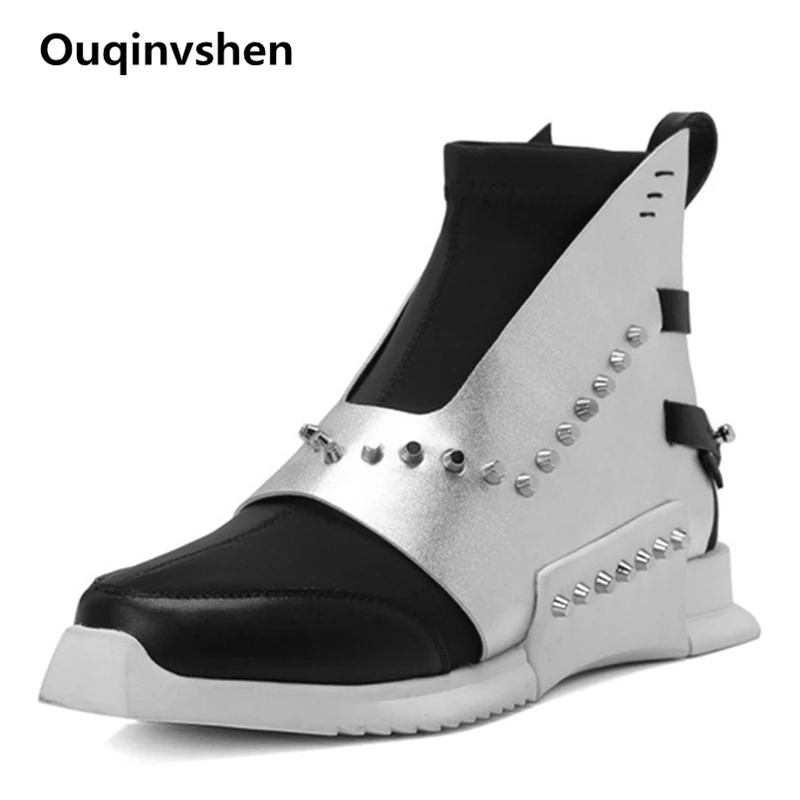

Ouqinvshen Mixed Colors Rivet Wedges Boots Fashion Round Toe Platform Women Ankle Boots Rubber Cross-tied Lycra Winter 2018
