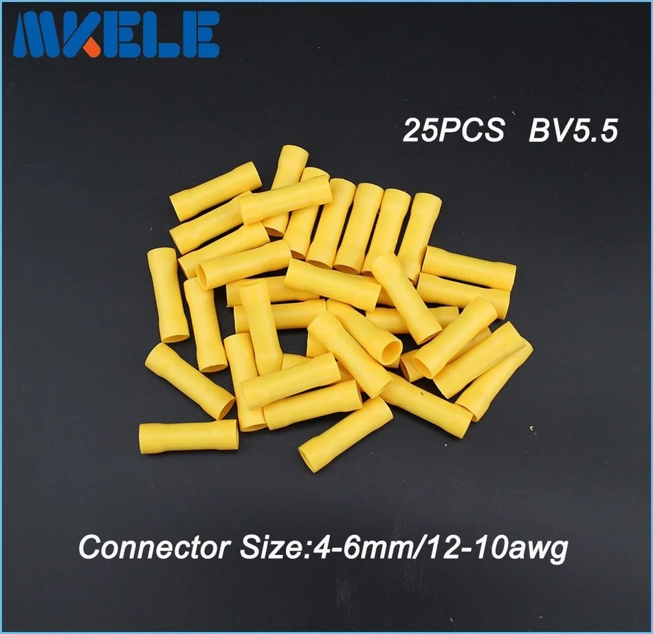 

25pcs BV5.5 Insulated Straight Wire Butt Connector Electrical Crimp Terminals 12-10awg