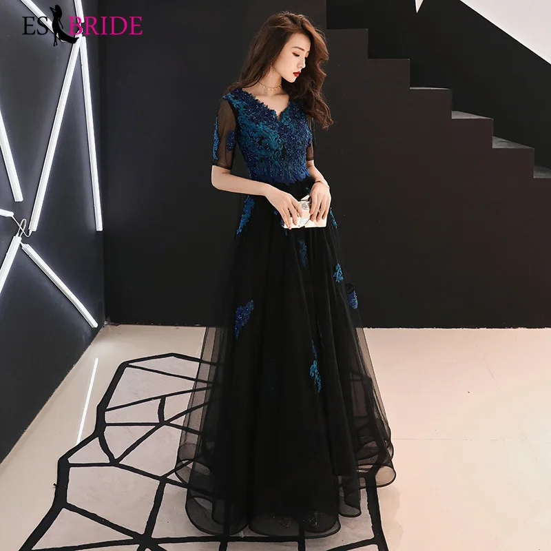 

Black Formal Dress Women Elegant Muslim Evening Dress Blue Lace Appliques Evening Gowns for Women Special Occasion Dress ES2592