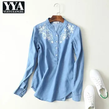 

Spring V-Neck Long Sleeve Denim Shirt for Women Casual Pullover Solid Dark Blue Blouse Embroidery Loose Fit Blouse Ladies Tops