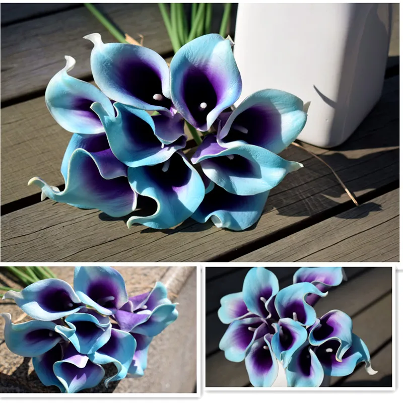 

10 Teal Purple Picasso Calla Lilies Real Touch Flowers For Silk Wedding Bouquets, Centerpieces, Wedding Decorations