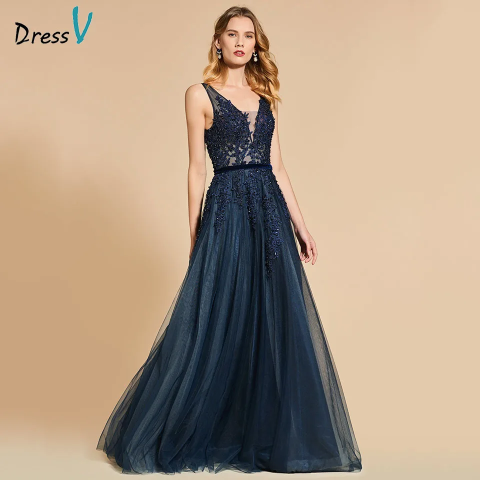 Dressv темно-синее вечернее платье без рукавов с v-образным вырезом ТРАПЕЦИЕВИДНОЕ кружевное платье с открытой спиной длиной до пола для свадебной вечеринки вечернее платье es