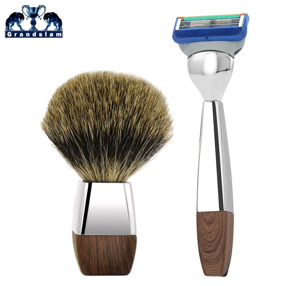 

Grandslam Alloy + Imitation Wood Shave Razor Kit 5 Blade Shaving Razor Cartridge Shaver Best Badger Hair Brush Beard Shaving Set