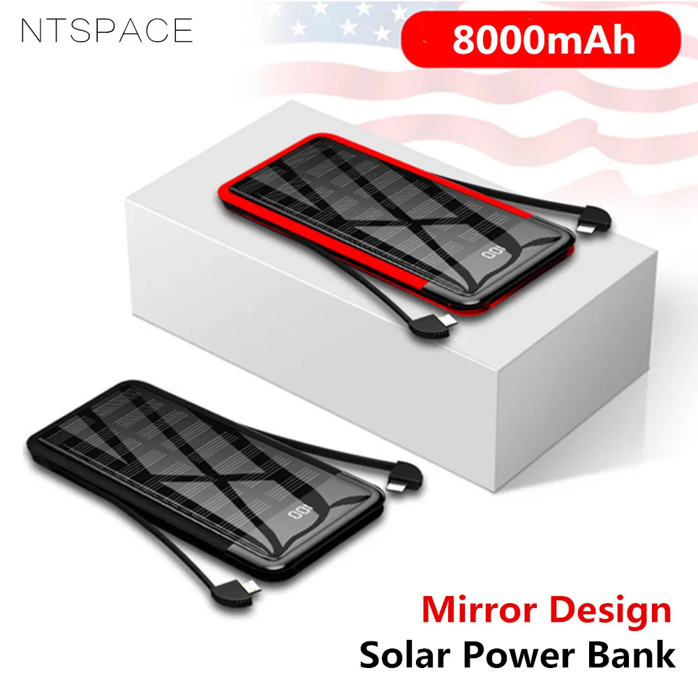 

8000mAh Solar Mini Power Bank 2.4A Quick Charge Portable Mirror Powerbank Fast Charging Solar Power External Battery Dual Cable