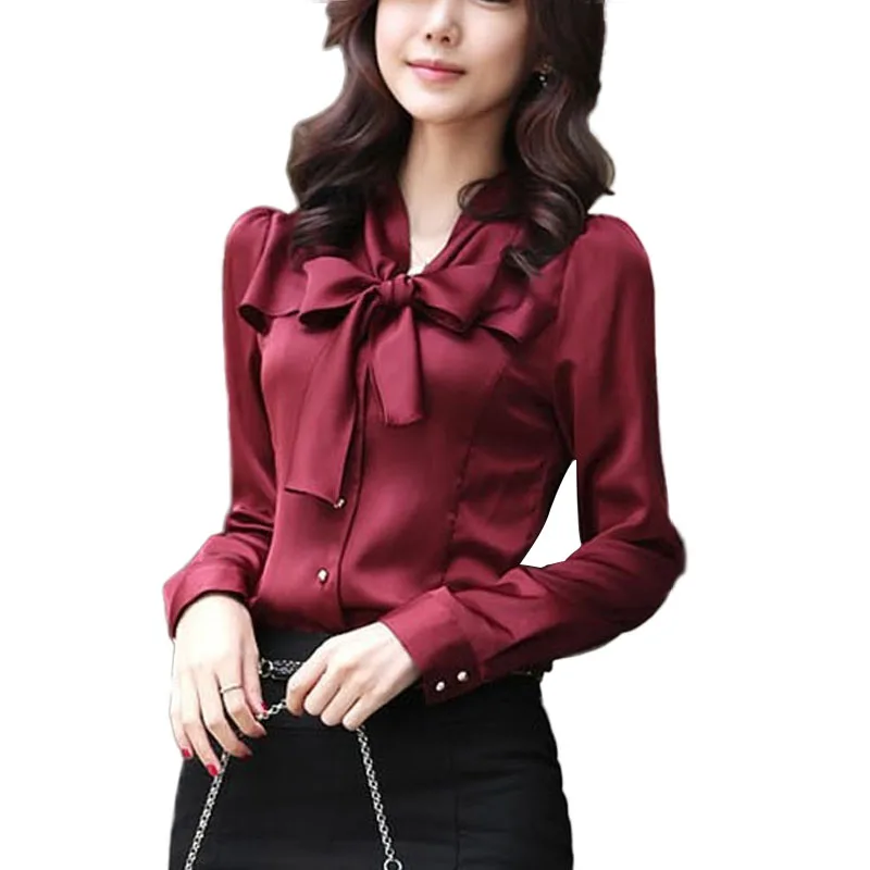 

2019 New Arrival Fashion Women Ladies Bowknot V Collar Long Sleeve Satin Blouse High Quality Plus Size S-3XL blouses