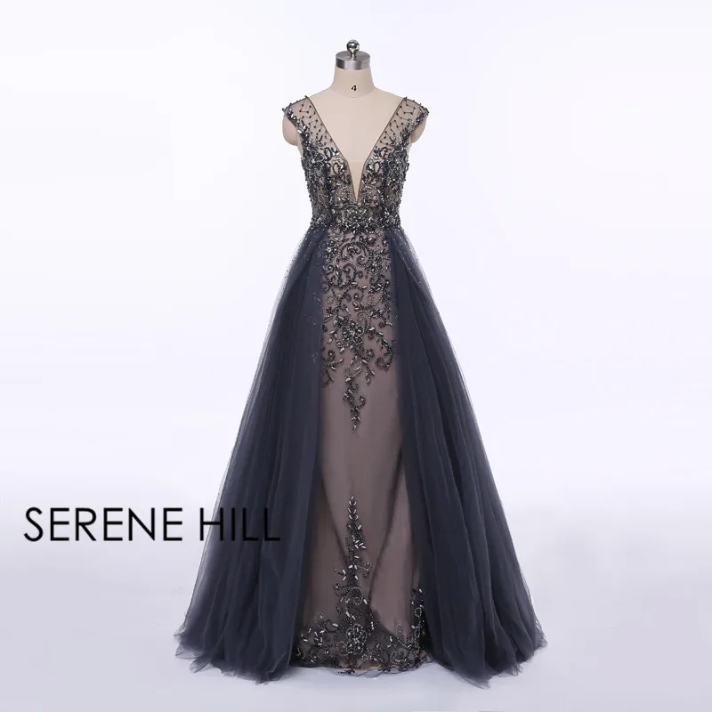 Твердое Бисероплетение темно-синего цвета со шлейфом вечернее платье с длинным алмазным кристаллом Тюль Формальное вечернее платье Serene Хилл LA6185