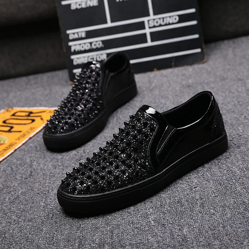 

new arrival men brand designer party hip hop genuine leather shoes flats platform slip on rivets shoe summer breathable loafers