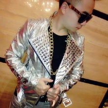 S-XXXL Для мужчин брендовая модная певец мужчинf DJ Серебряный заклепки с алмазами кожаная куртка в байкерском стиле Клубные костюмы пальто