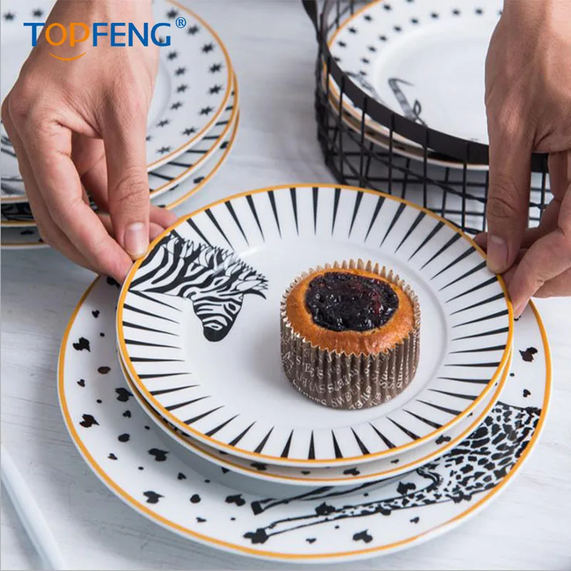 TOPFENG фарфоровая тарелка с животным дизайном, набор посуды, керамическая тарелка для салата, Зебра, жираф, Антилопа, кенгуру(2 шт. 8/10 дюйма