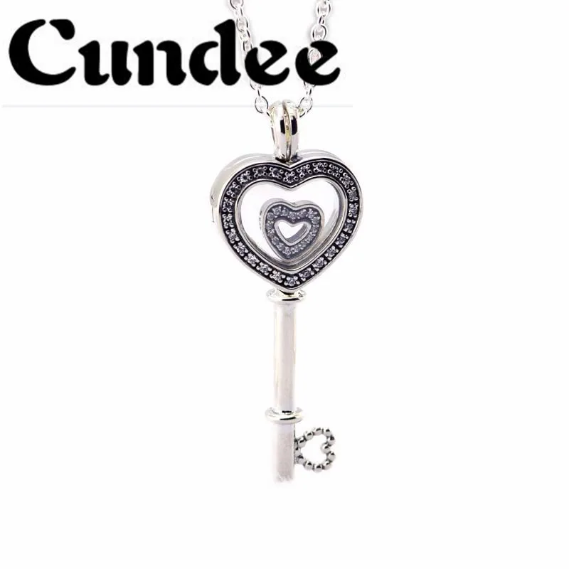 

925 Sterling Silver Floating Locket Heart Key Necklaces Pendants Clear CZ for Women Fine Jewelry Valentines Day Gift