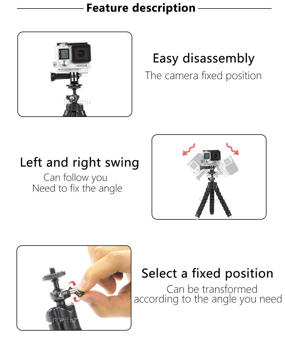 SnowHu для GoPro гибкий мини-Осьминожка с винтовым адаптером для Go Pro Hero 8 7 6 5 4 для камеры Xiaomi yi SJCAM LD06