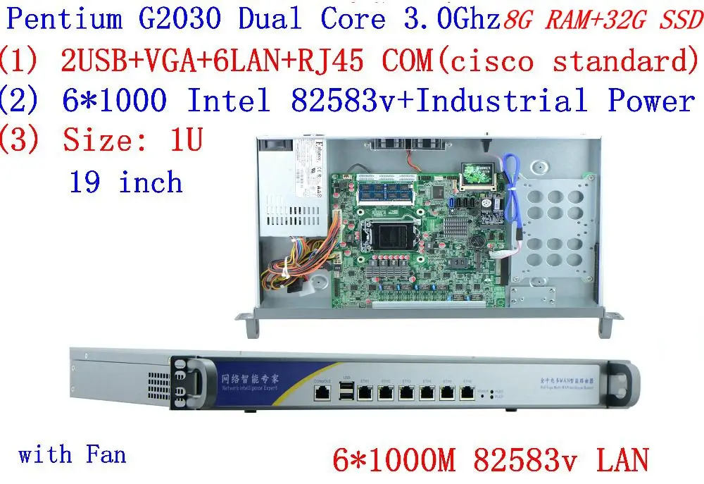 Дешевые сервер сети стойку 1U маршрутизаторы с 6*1000 м 82583 В Gigabit InteL G2030 3,0 ГГц 8 г оперативная память 32 г SSD Поддержка RouterOS Mikrotik