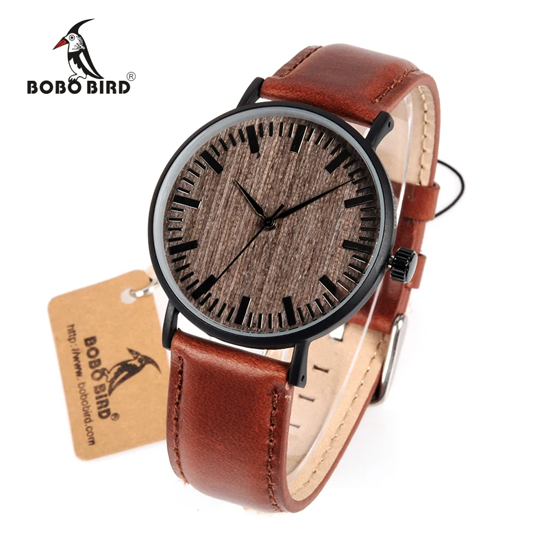 BOBO BIRD WE25 Mens Watch with Metal Case Wooden Dial Face Soft Leather Band Quartz Watches for Men Women