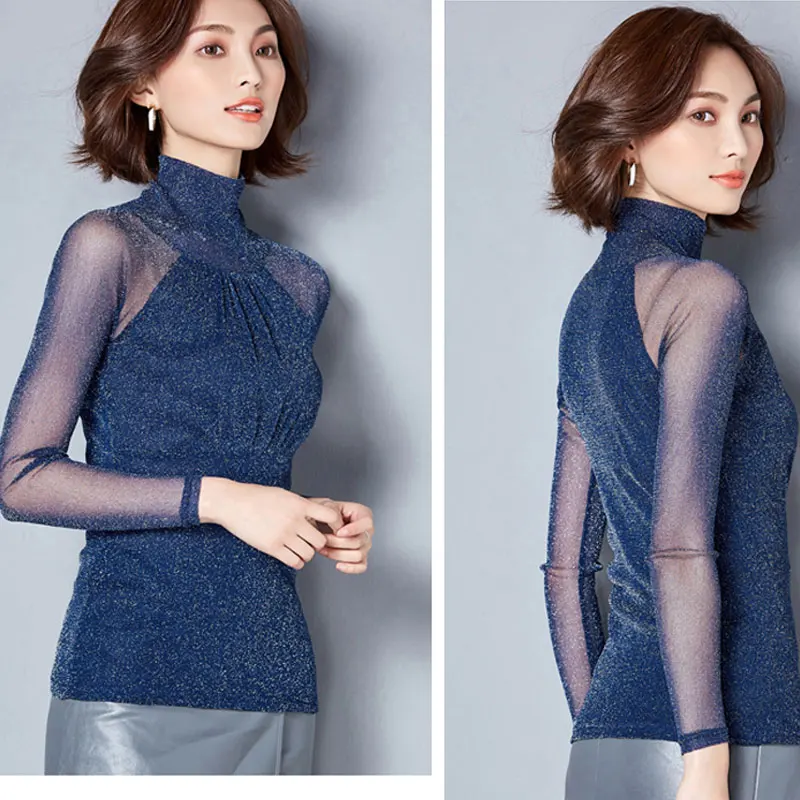 

Newly Women Autumn T-shirts Transparent Long Sleeves High Waist Mesh Shining Pullover DOD886
