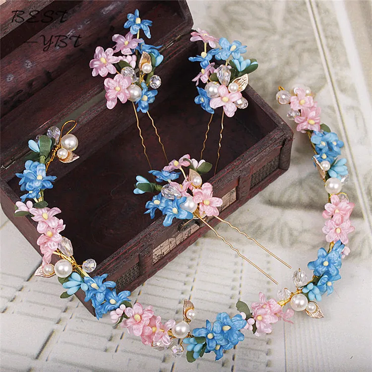 

Longwei Korean bride hair band pink suit blue headdress flower simulation hair dress crystal accessories 0343