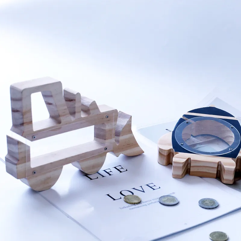 

Cute Wooden Excavator Coin Crash Coin Box Gift Children Save Money Money Saving Box Case Coin Cartoon Forklift Shaped Piggy Bank
