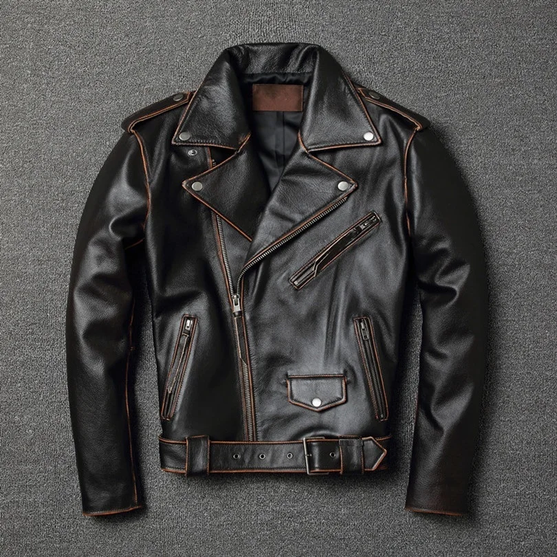 

YR!Free shipping.sales.classic motor style genuine leather jacket.harley slim cowhide coat.fashion vintage slim jacket.plus size