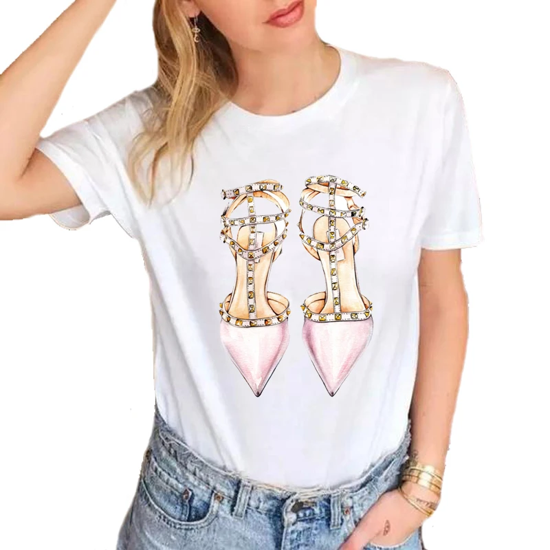 Модные тонкие женские футболки для девочек; женская футболка; туфли на высоком каблуке; розовые женские белые футболки с цветочным принтом и бантом; женские винтажные футболки - Цвет: 1