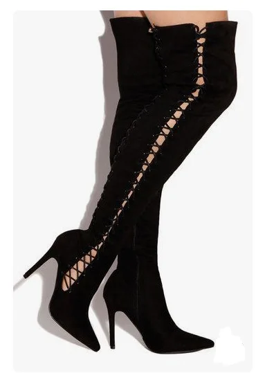 

Sexy Black Suede Lace Up Side Over The Knee Boots Women New Fashion Pointed Toe Ladies High Heel Boots Female Shoes