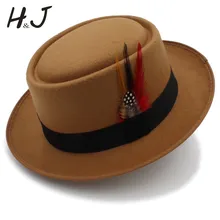 Vintage mujeres hombres cerdo Pie sombrero papá lana Fedora plana sombrero para caballero jugador Panamá sombrero Trilby con pluma de moda tamaño 58CM