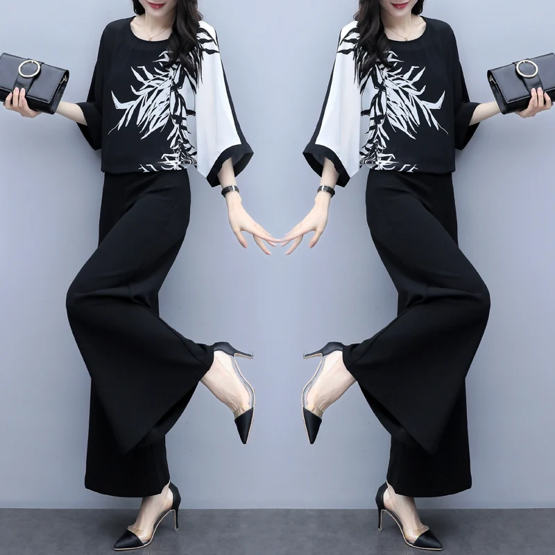 

Floral Print Large Size Women's Summer Suit Two Piece Set Fashion Ensemble Femme Deux Pieces Conjunto Feminino Top&pants Set