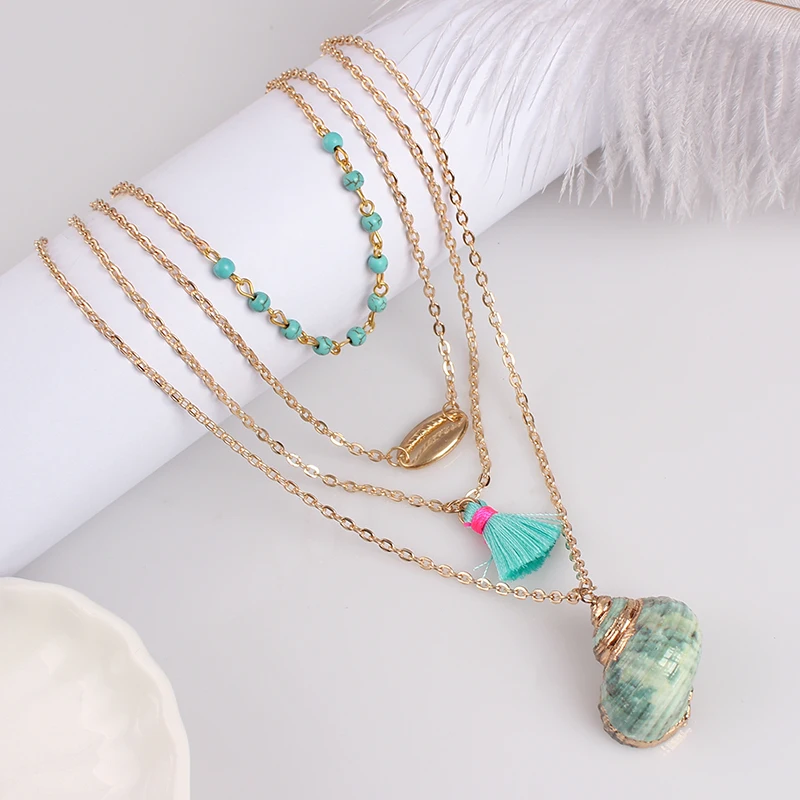 

Boho Ocean Beach Cowrie Shell Necklace Multi Layered Blue Beads Tassel Pendant Necklace Women Choker Kolye Collares Summer Beach