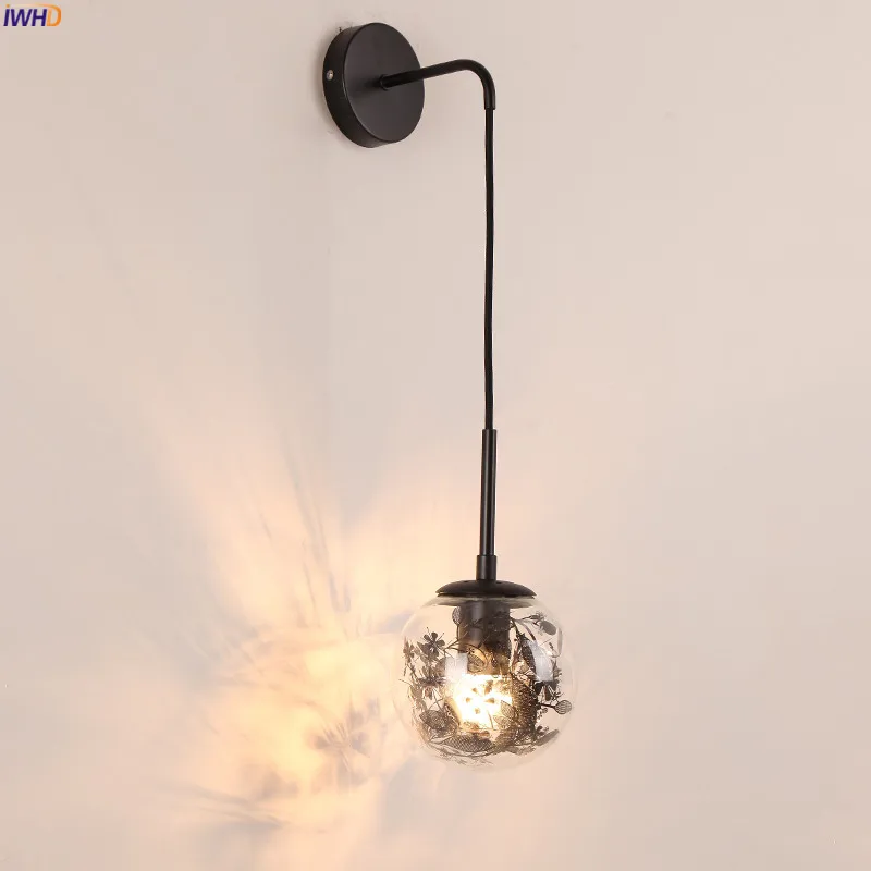 IWHD настенный светильник в скандинавском стиле со стеклянными шариками, светильник для спальни, зеркальный лестничный светодиодный настенный светильник, бра Wandlamp, светильник ing - Цвет абажура: Черный