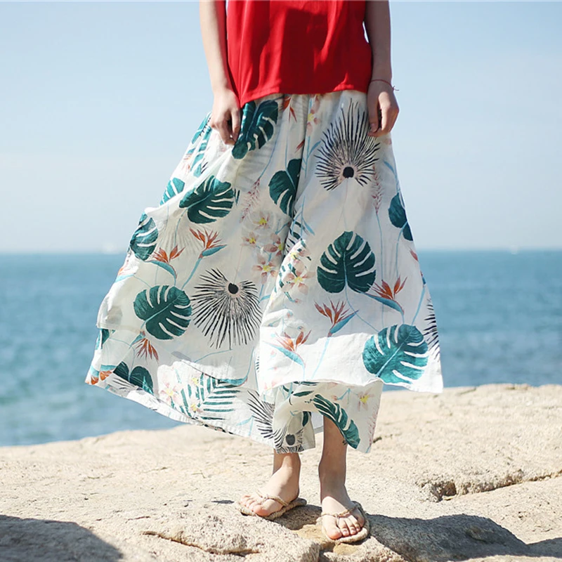 

Johnature Women Wide Leg Pants Elastic Waist 2019 Summer New Casual Loose Print Floral Trouser Women Clothes Soft Pants