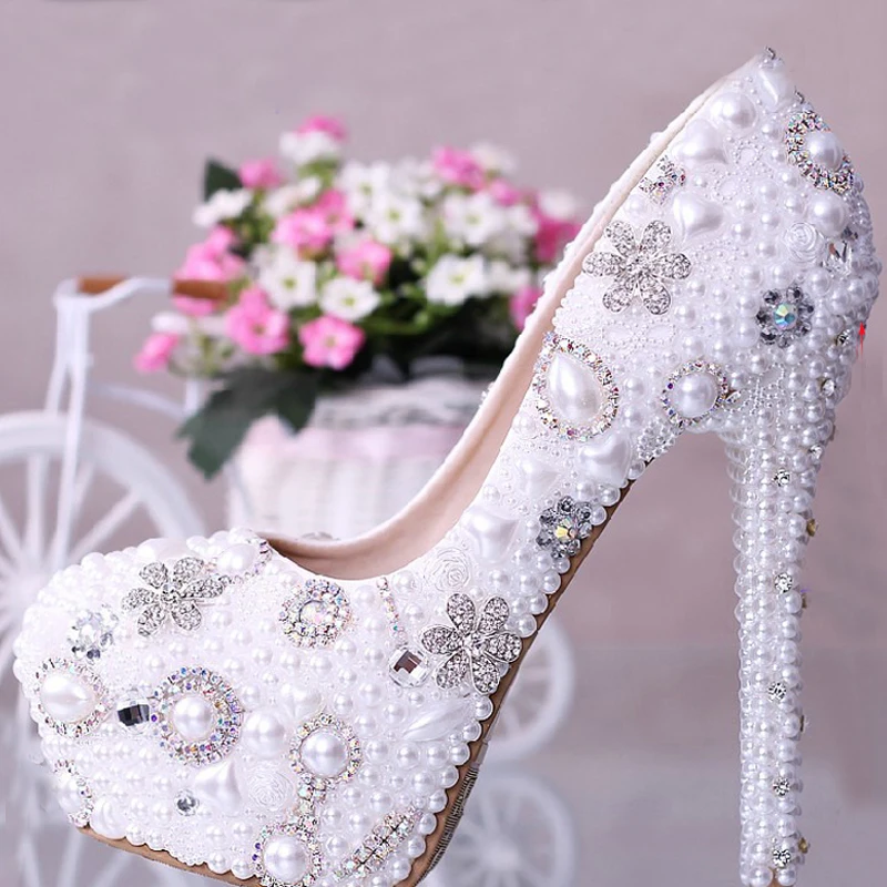 

Blingbling full white or ivory pearls colorful rhinestones diamonds 12cm heels party shoes wedding shoes Bridal Dress Shoes