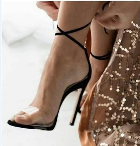 

New Hot 2018 Transparent Leather High Heels Dress Shoes Wedding Shoes Lady Peep Toe Woman Summer Gladiator Sandals Lace-up Shoes
