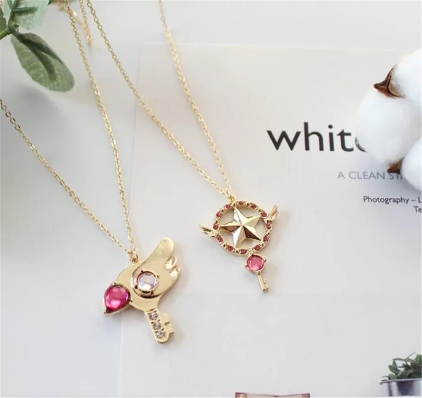 

Anime Card Captor Sakura clear cards necklace The Clow Magic Star Wand Metal Crystal cosplay KINOMOTO SAKURA pendant A634