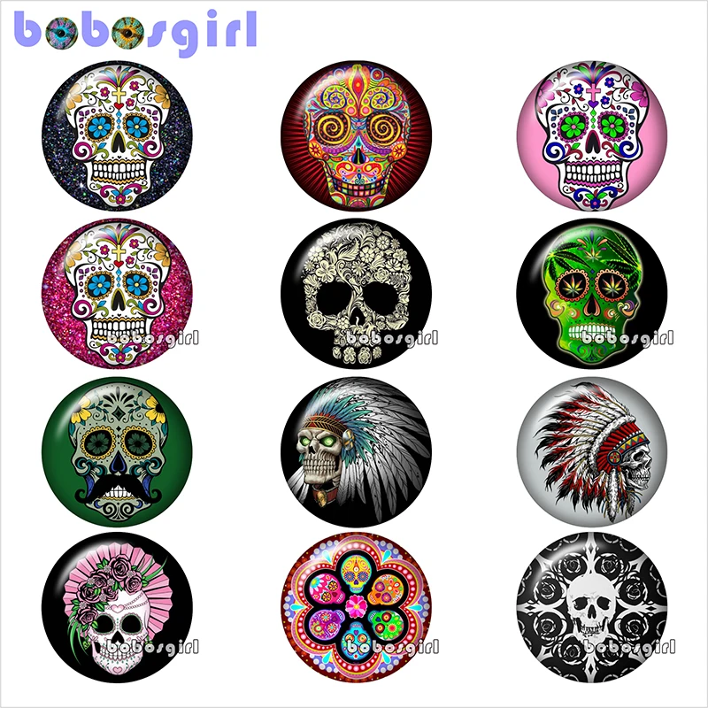 

skull flower skeleton glass snap button jewelry DIY Round photo cabochons flat back TW1268