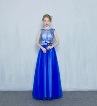 Neue Ankunft Blau Silber Rot Lange Prom Kleider Perlen Vestido De Festa Longo Spitze Taille Tüll Abendkleid Partei Elegante 2016
