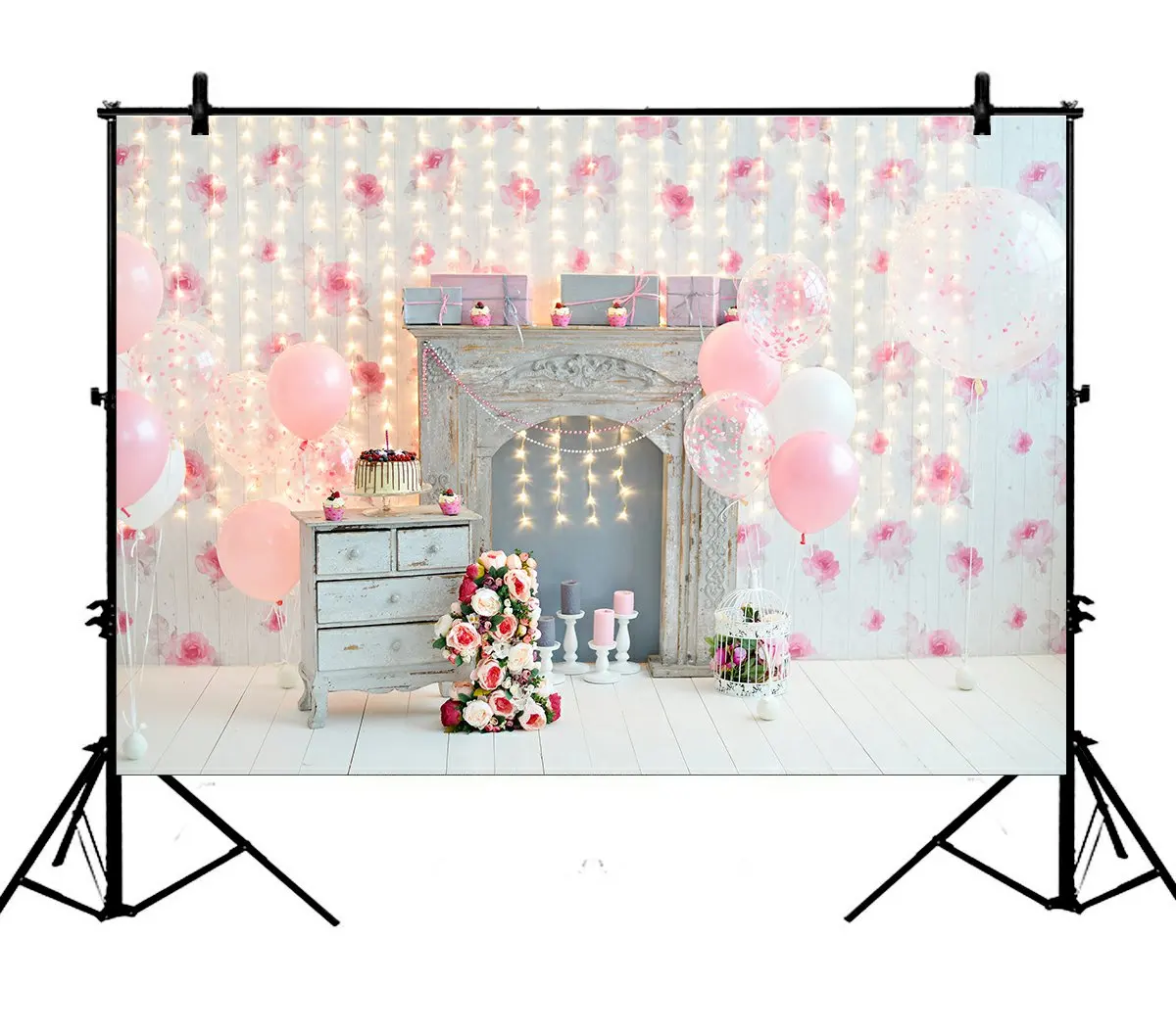 

5x7ft Pink Balloons Flowers Cake Smach 1St Birthday Polyester Photo Background Portrait Backdrop