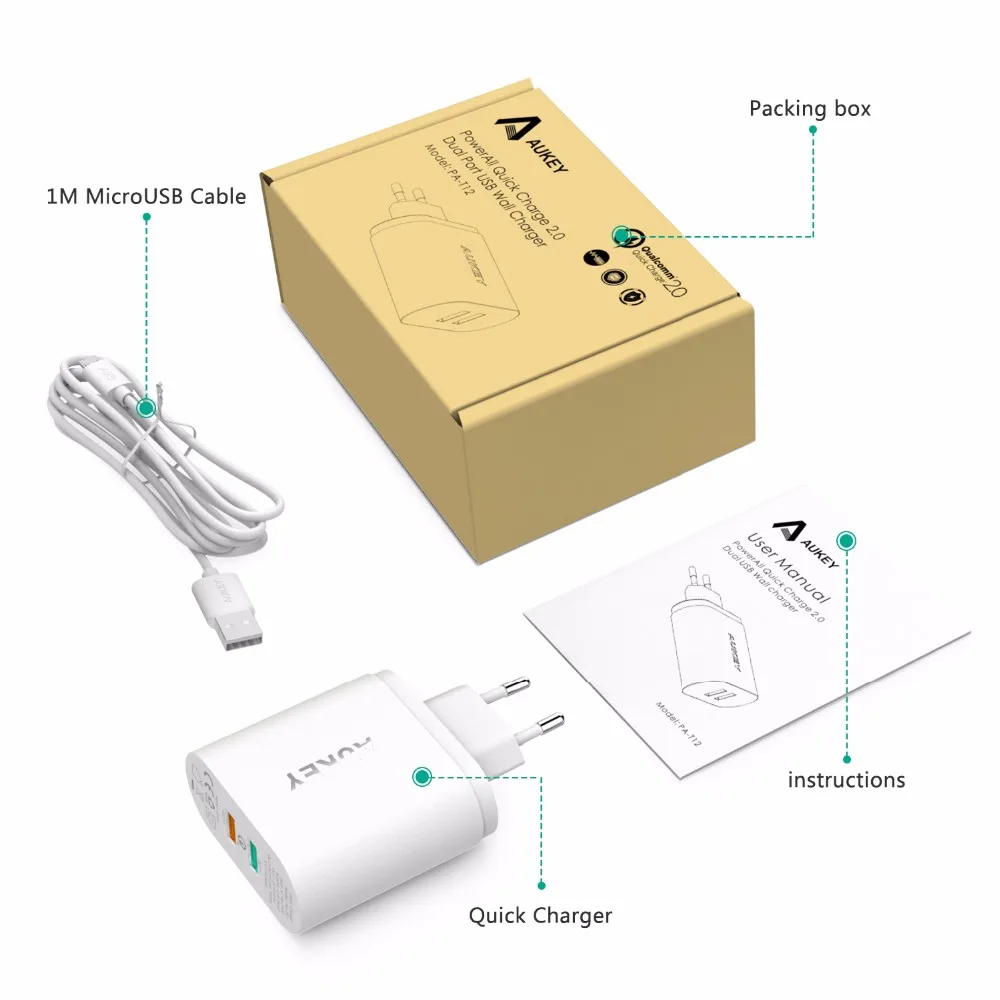 AUKEY 30 Вт 2 порты, для мобильных телефонов зарядное устройство QC 2,0 Quick Charge USB настенное двухпортовое зарядное устройство универсальное дорожн...