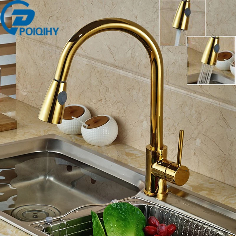 

POIQIHY Gold Kitchen Mixer Hot and Cold Taps Handheld Pull Out Kitchen Faucet Deck Mounted Polish