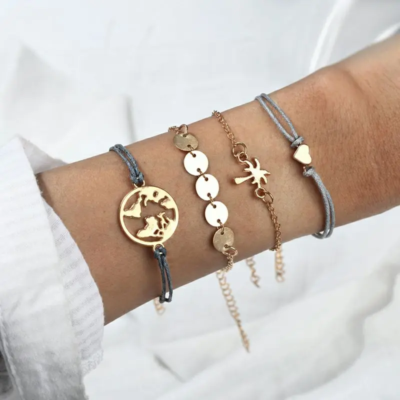 

2019 Fashion Bracelet for Women Golden Map Coconut tree heart-shaped 4 pcs Bracelet Summer Bracelet Gift for Birthday Friends