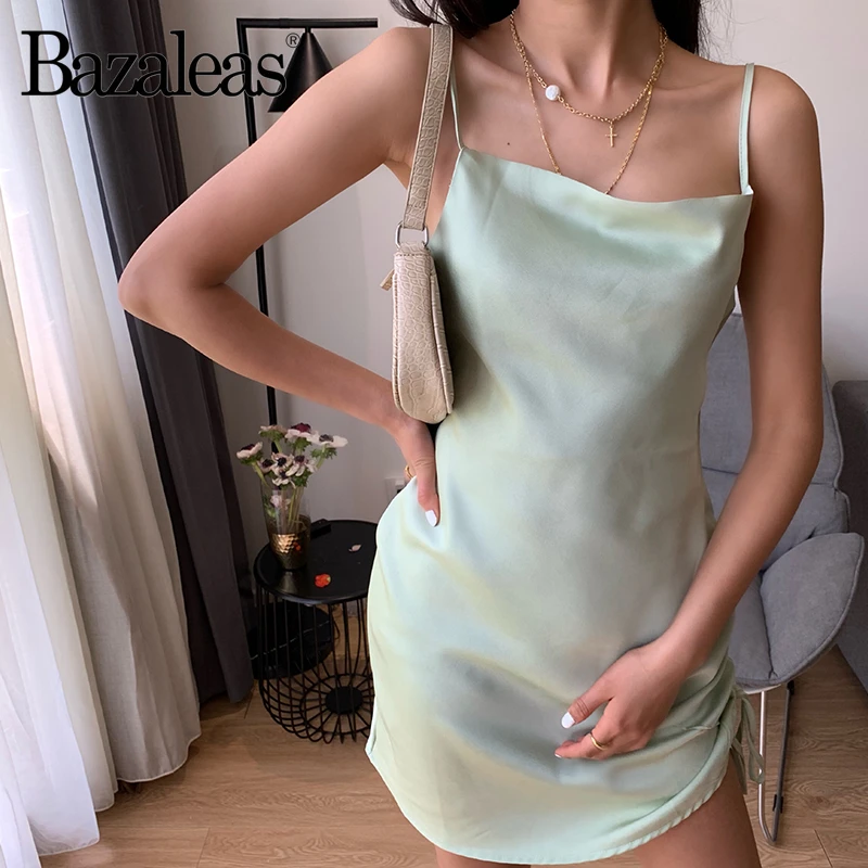 Bazaleas, шелковое летнее обтягивающее летнее платье на бретельках, винтажное модное атласное пляжное платье на завязках по бокам, Прямая поставка