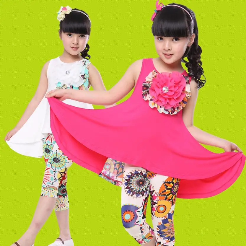 Fashion Girls Clothing Sets 2016 Summer Girls Dress + Leggings Casual Suit Modal Fabric Pastoral