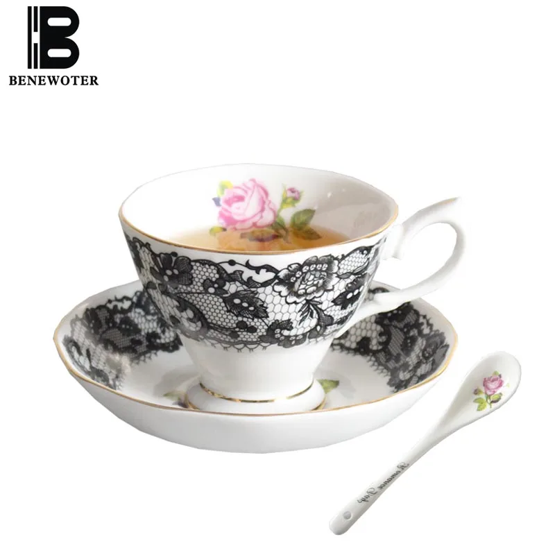 180ml Creative Black Lace Rose Pattern Ceramic Bone China Coffee Cup with Saucer Kit | Water Milk Tea Mug Drinkware Spoon Дом и сад